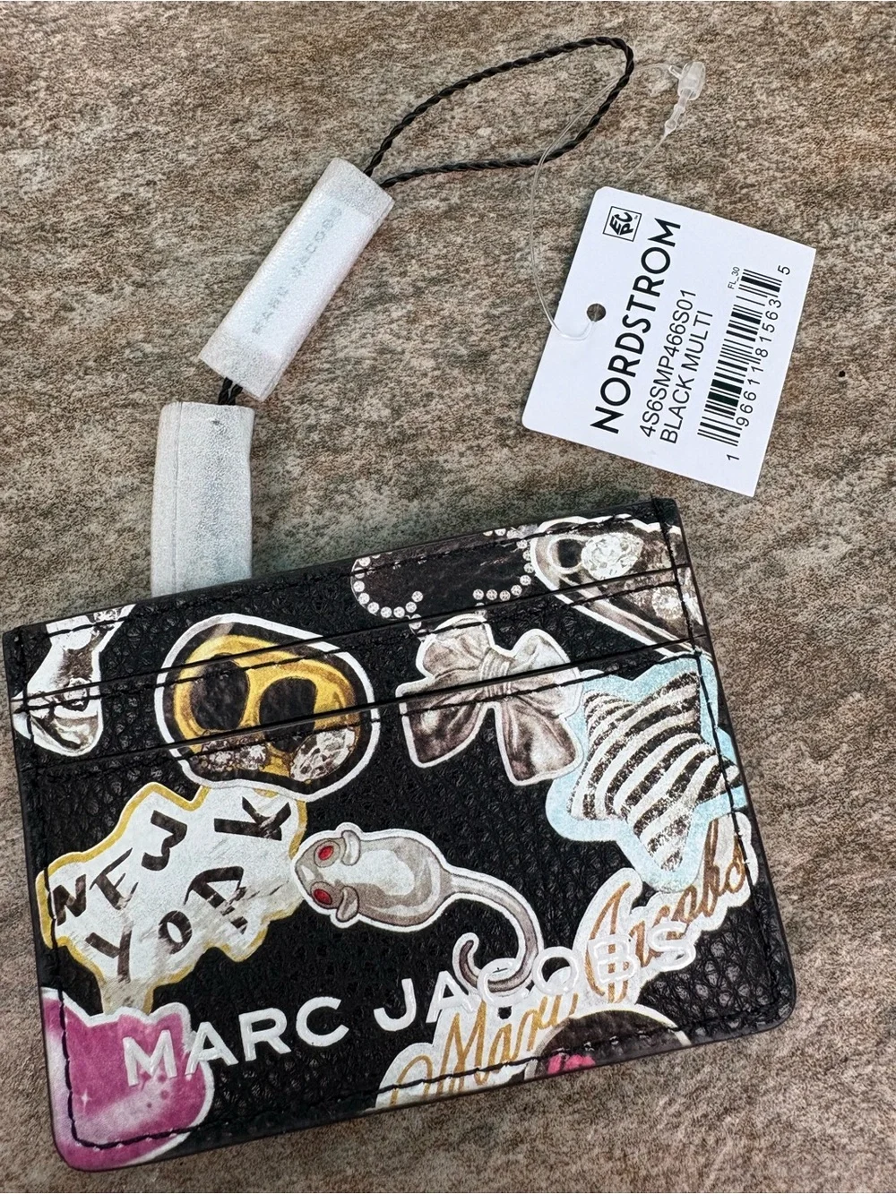 Marc Jacobs Black Leather Sticker-Print Card Holder with Multicolor Accents